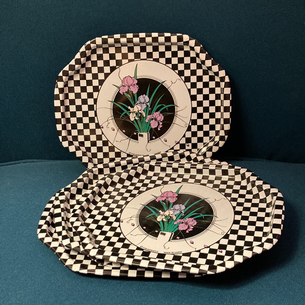 Set of 5 80’s checkered metal trinket dishes